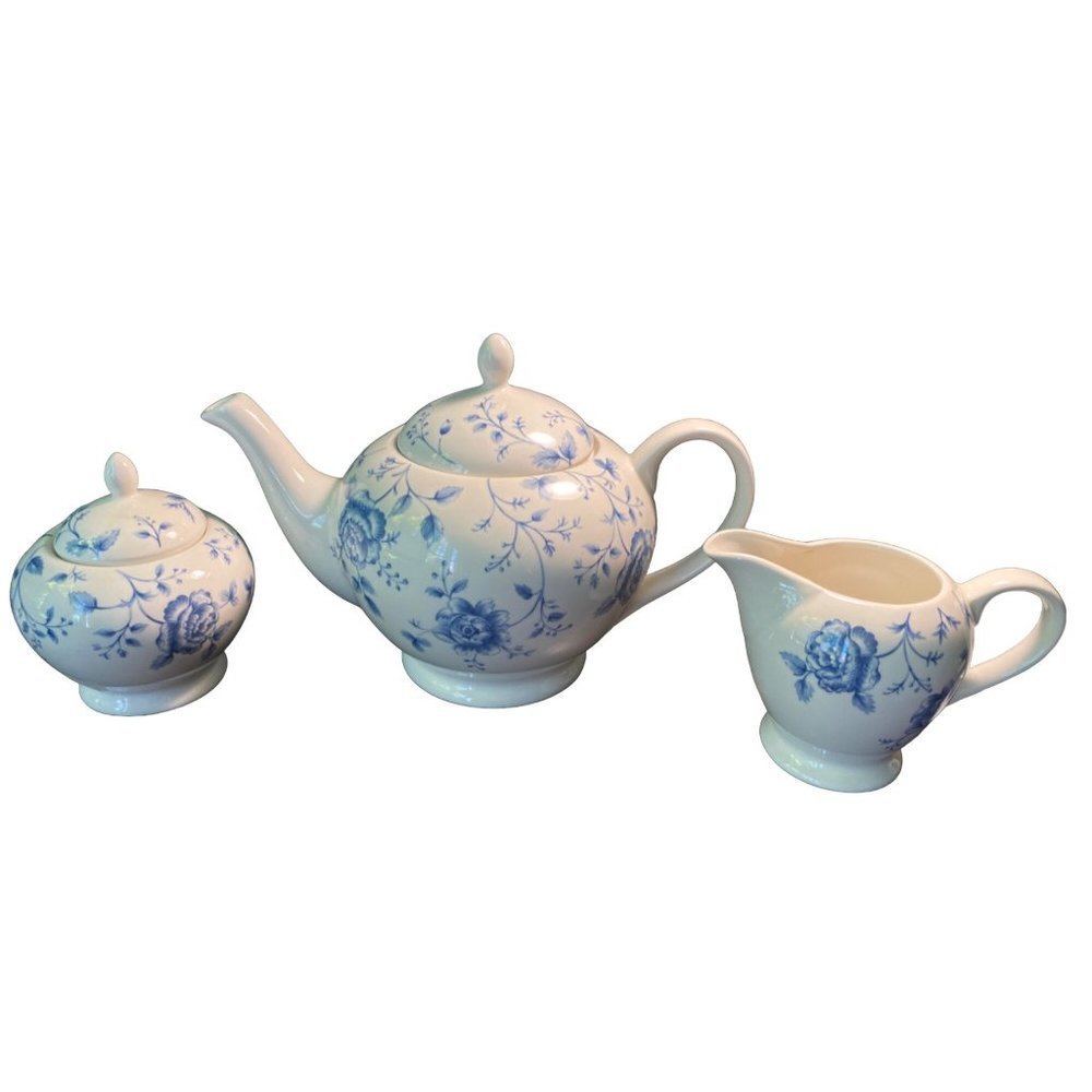 CHURCHILL PRAGUE BLUE ROSE CHINTZ 3 PIECE TEAPOT SET